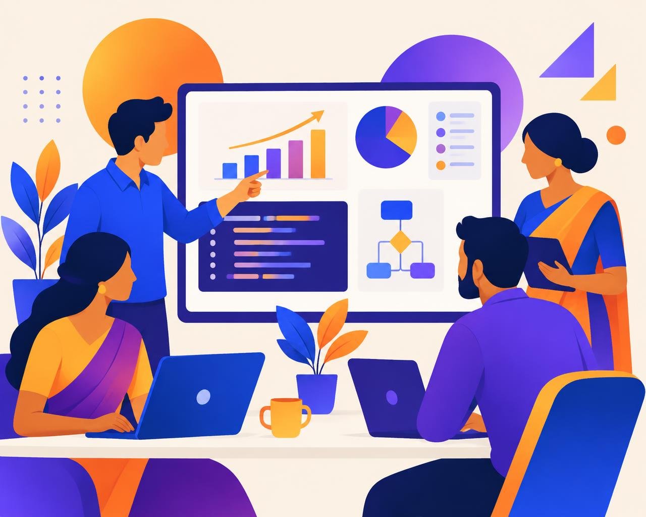 A software team reviewing charts and workflows together